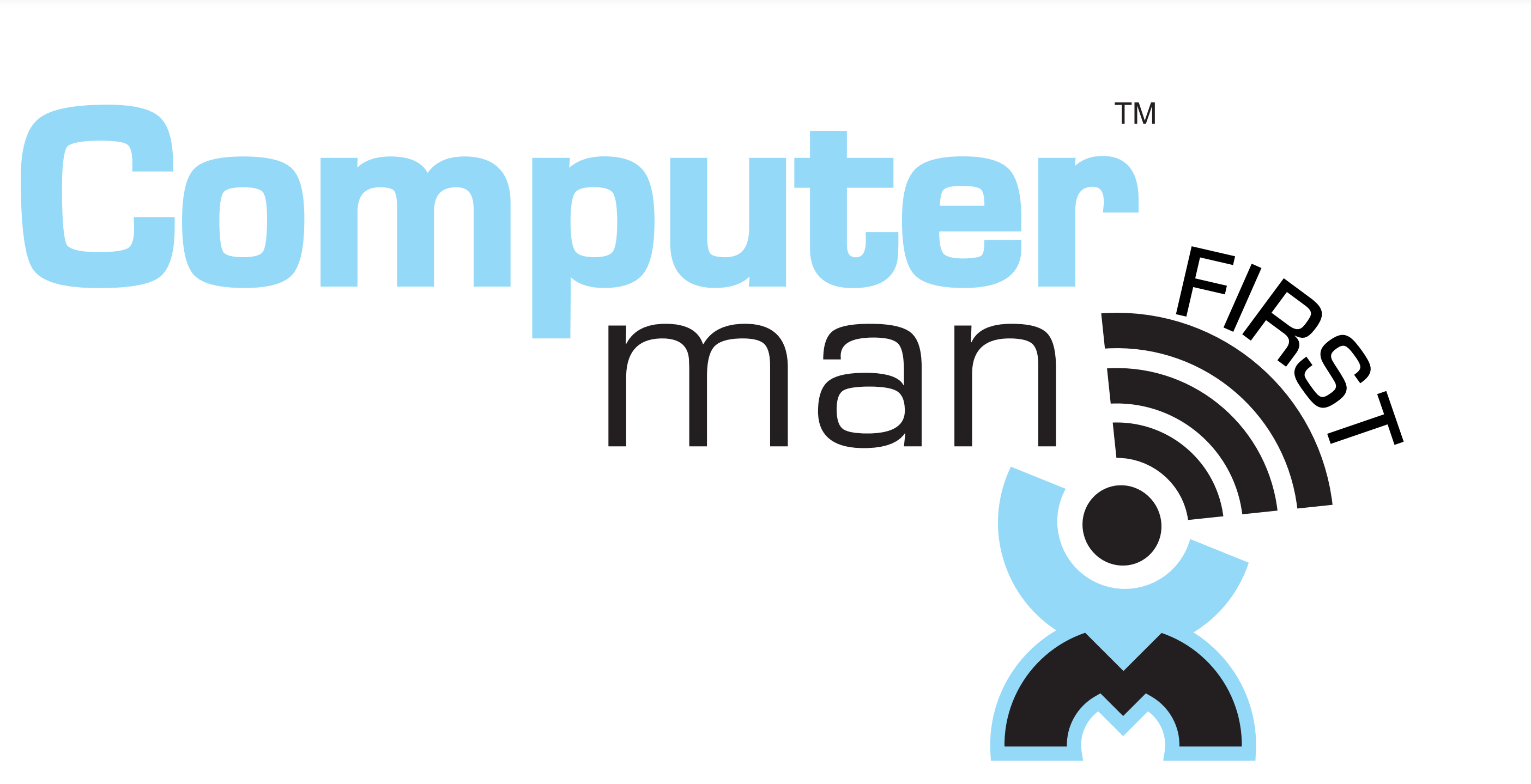 Computermanfirst's logo of a man made from an M for his legs and a C for his torso with wifi bars radiating from his head